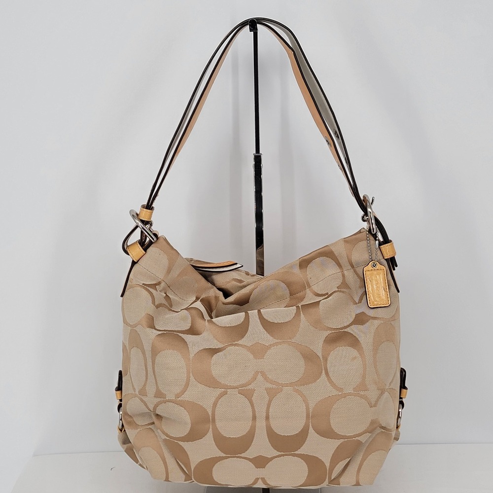 Coach Zoe Signature Jacquard Hobo Bag Tan Beige Yellow Patent Trim - Picture 1 of 16